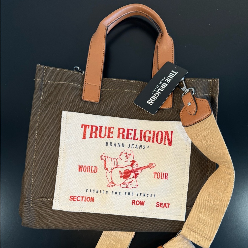 True Religion Brown Canvas Tote Bag - Olive Color with Beige Strap - NWT